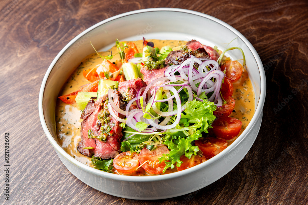 A bowl of fresh salad with medium-rare steak slices, mixed greens, cherry tomatoes, avocado, and red onion on a wooden table. Perfect for culinary themes, healthy eating, and gourmet food concepts. A bowl of fresh salad with medium-rare steak slices, mixed greens, cherry tomatoes, avocado, and red onion on a wooden table. Perfect for culinary themes, healthy eating, and gourmet food concepts.