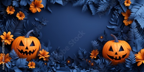 paper cut on a purple color, a Halloween background with pumpkins, flowers, and leaves. Halloween pumpkin wall banner template. It's a spooky holiday scene. copy space for text 