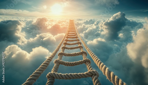 A rope ladder extending through clouds towards a bright sunrise over the horizon photo