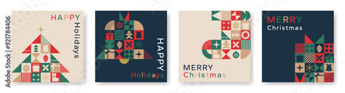 Christmas card in modern minimalist geometric style. Square Christmas background with geometric patterns, snowflakes, gifts and abstract elements