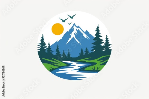 Valley river nature mountain forest logo or label badge, Camping outdoor adventure emblems, mountain hiking vector illustration on white background