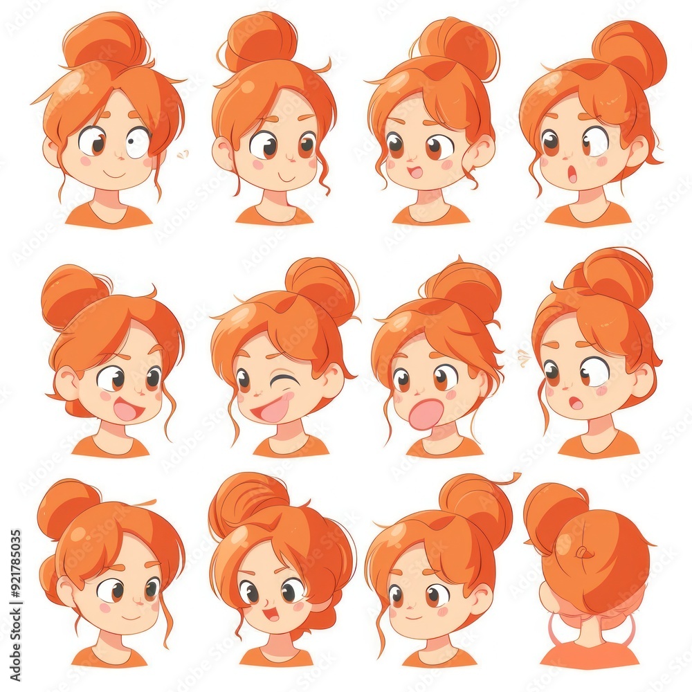 A collection of animated expressions of a girl with orange hair in various poses. A collection of animated expressions of a girl with orange hair in various poses.