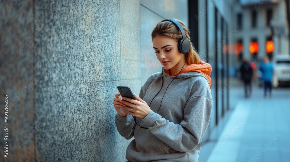 Fototapeta premium Young Woman Listening to Music on Headphones While Using Smartphone in Urban Setting