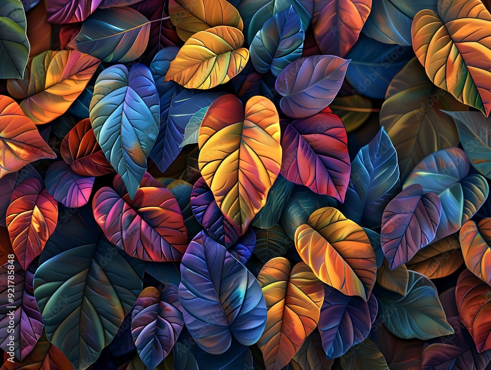 Close-up of colorful leaves, rendered in 3D with vibrant colors and intricate details, set against an isolated dark background. Close-up of colorful leaves, rendered in 3D with vibrant colors and intricate details, set against an isolated dark background.