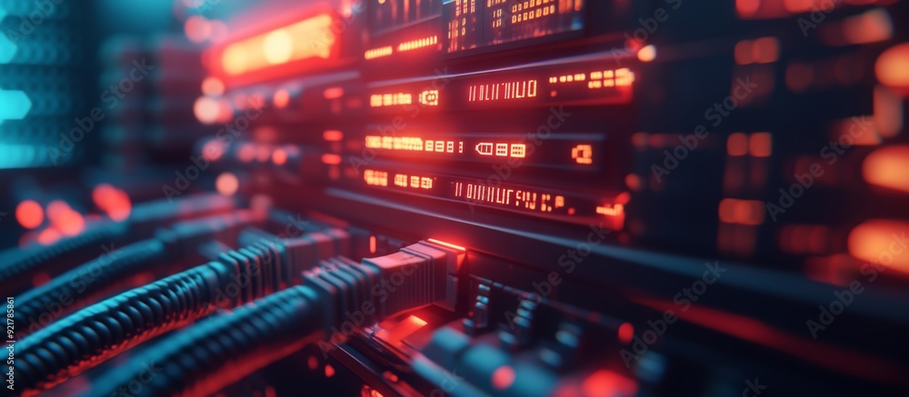 Close-up of Modern Data Center Server Rack with Glowing Red and Blue LED Lights and Network Cables Close-up of Modern Data Center Server Rack with Glowing Red and Blue LED Lights and Network Cables