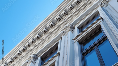 A close-up of the exterior of the modern building, which features elaborate architectural details such as ornate cornices and carefully crafted window frames.