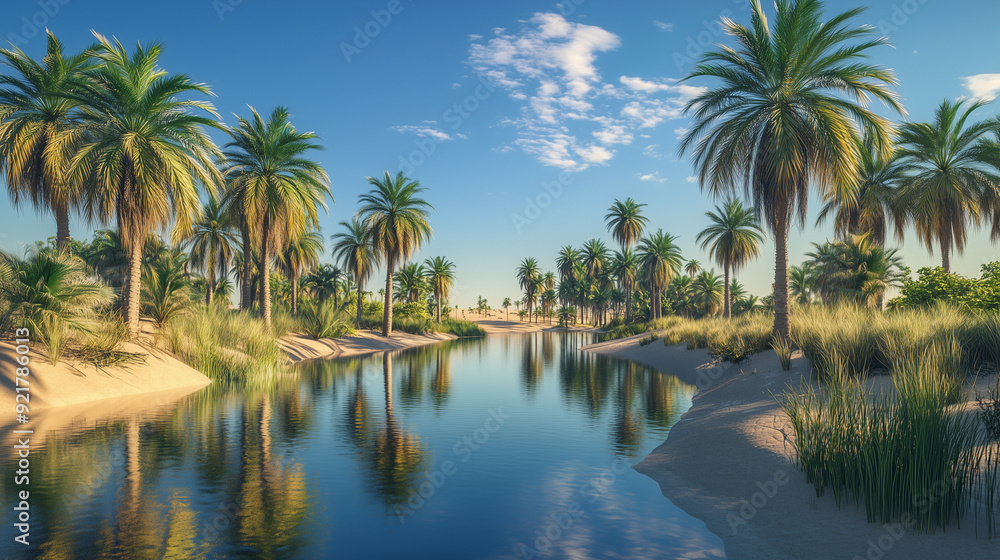 A quiet and peaceful oasis in a desert landscape, where the calm water reflects the clear blue sky and green palm trees line the shores. A quiet and peaceful oasis in a desert landscape, where the calm water reflects the clear blue sky and green palm trees line the shores.