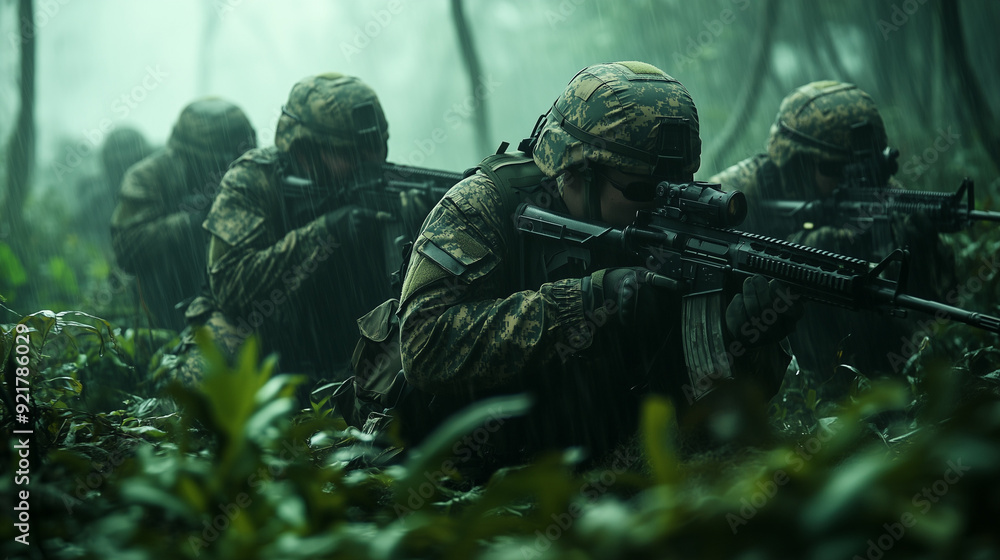A group of soldiers in camouflage suits and helmets, armed with rifles, crawl through the rainy and foggy forest. A group of soldiers in camouflage suits and helmets, armed with rifles, crawl through the rainy and foggy forest.