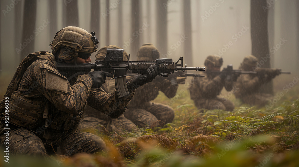 Fototapeta premium A group of soldiers in camouflage suits and helmets, armed with rifles, crawl through the rainy and foggy forest.
