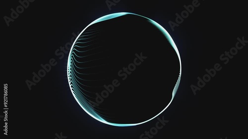 Abstract looped blue energy sphere of particles, lines and waves with bright magical glow on black background, video 4k