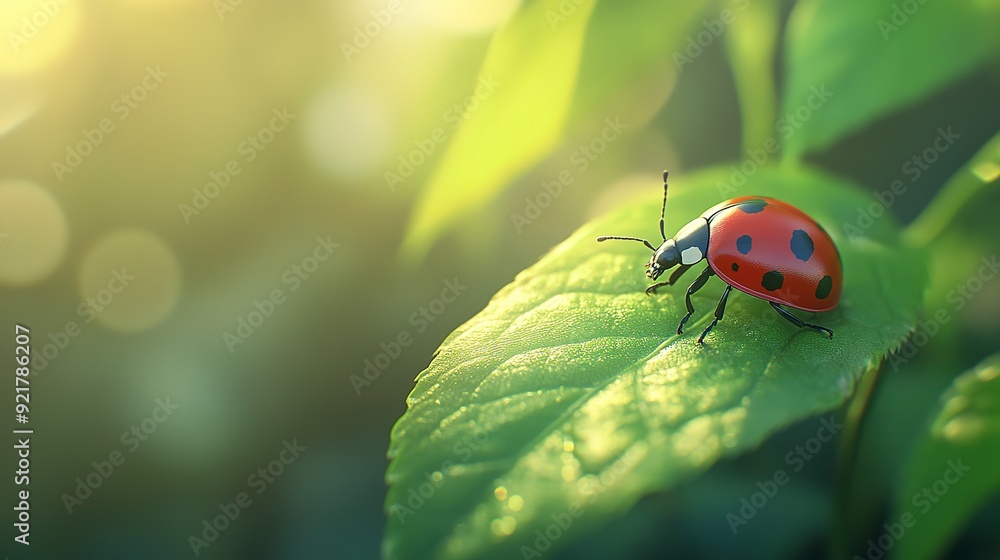 Fototapeta premium Vibrant ladybug perched on a lush green leaf, surrounded by soft, blurred natural background, showcasing serene and peaceful atmosphere of the outdoors