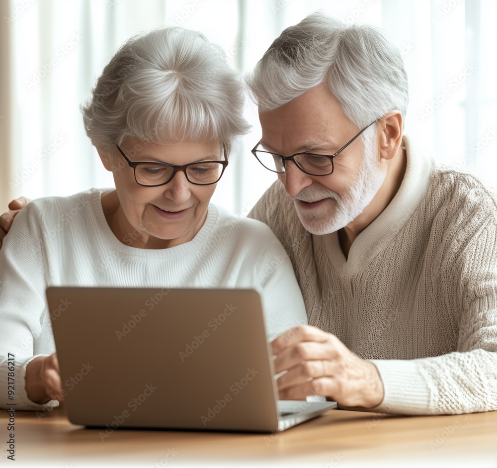 Elderly couple using a laptop and smiling together. Elderly couple using a laptop and smiling together.