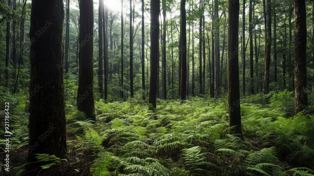 Obraz premium Sunlight Filtering Through a Dense Forest