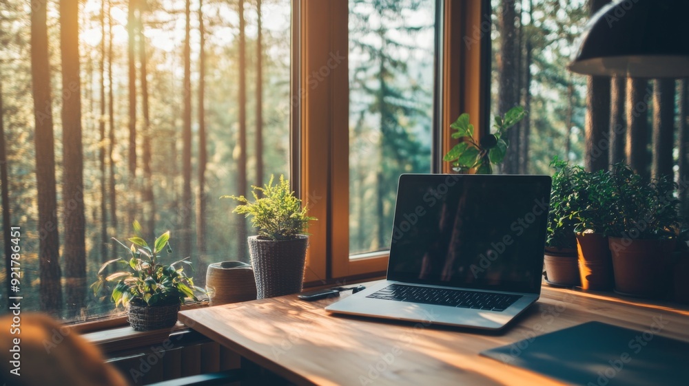Fototapeta premium Cozy Home Office with Laptop and Plants Overlooking a Serene Forest Through Large Windows