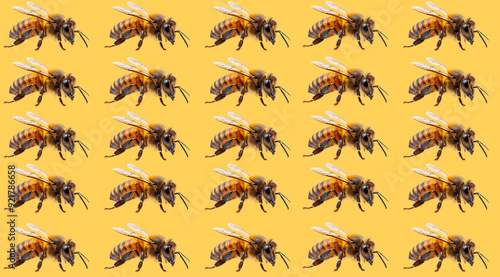 Bees on a yellow background, created with Generative AI technology