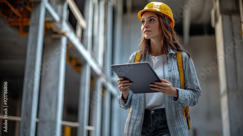 Female Construction Worker with Tablet at Building Site, Wearing Hard Hat and Safety Gear, Inspecting Progress photo