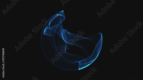 Abstract looped dynamic saturated blue energy sphere with the appearance and disappearance of magically glowing particles and waves on a black background, video in 4K