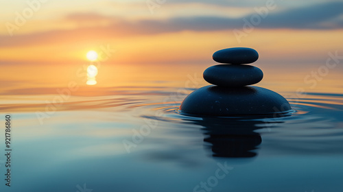 The black stones are carefully placed one on top of the other on the surface of the smooth water, overlooking the setting sun.