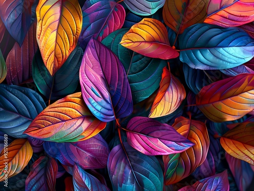 Wallpaper Mural Close-up of colorful leaves, rendered in 3D with vibrant colors and intricate details, set against an isolated dark background. Torontodigital.ca