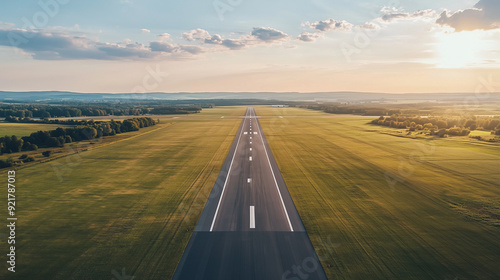 The overhead shot shows a long, empty runway that runs through green fields and surrounding trees. photo