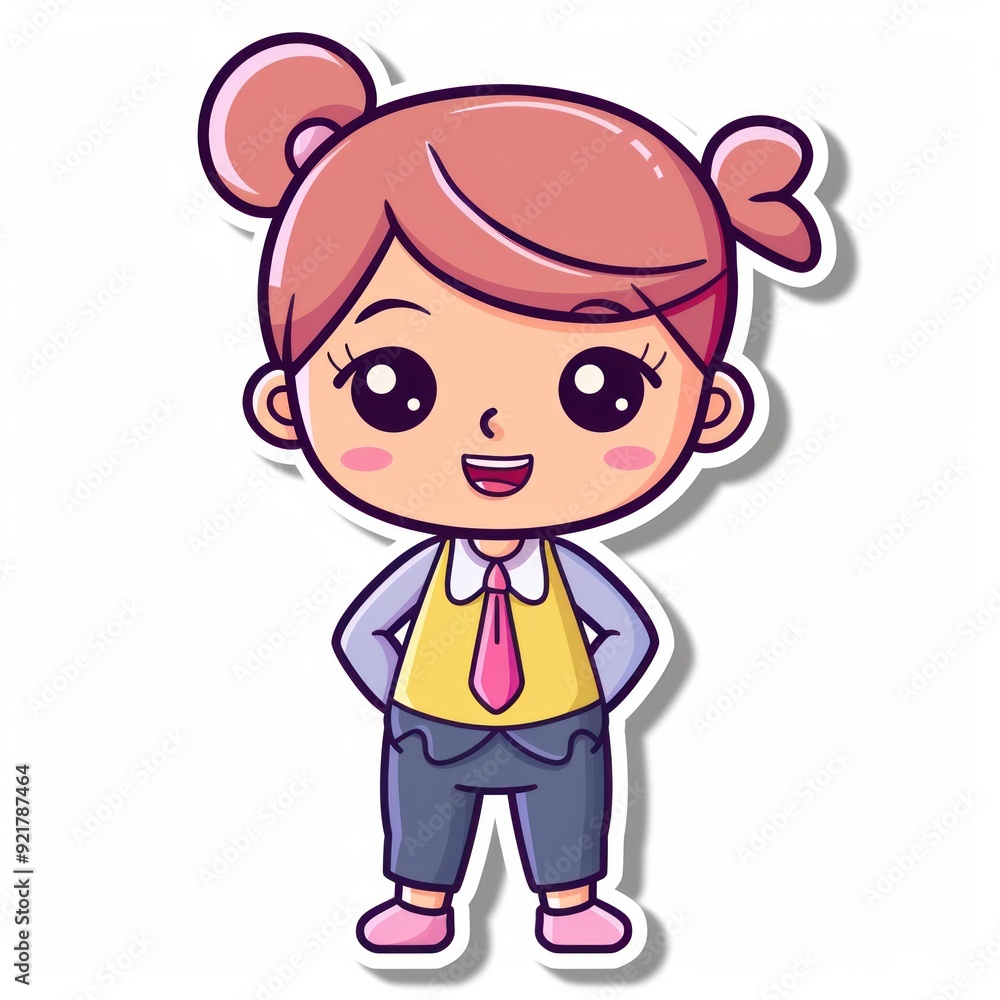 A cheerful cartoon character with pigtails, dressed in a colorful outfit, smiling confidently. A cheerful cartoon character with pigtails, dressed in a colorful outfit, smiling confidently.