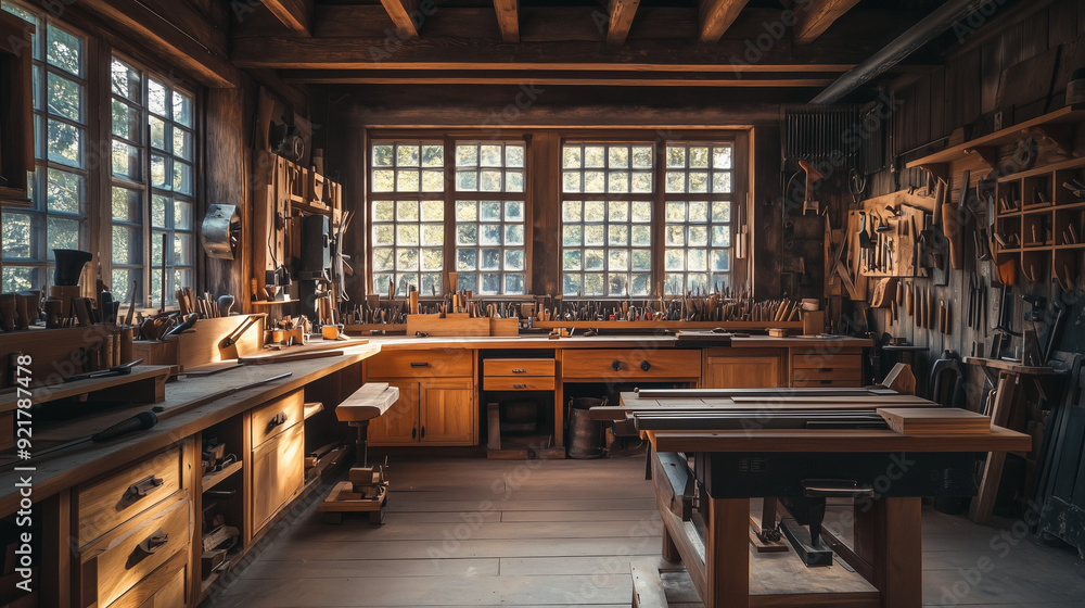 A beautifully designed carpentry workshop, filled with classic tools and wooden cabinets, presented in a well-organized, rustic style. A beautifully designed carpentry workshop, filled with classic tools and wooden cabinets, presented in a well-organized, rustic style.