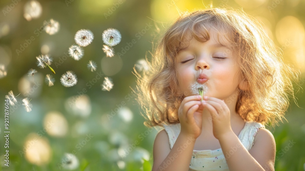 Little Girl Blowing Dandelion Seeds in a Sunlit Meadow Capturing the Joy and Wonder of Childhood Little Girl Blowing Dandelion Seeds in a Sunlit Meadow Capturing the Joy and Wonder of Childhood