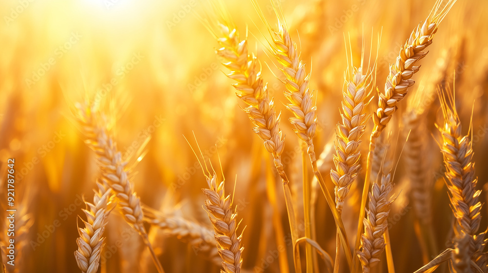 Obraz premium In the rays of the warm sun, the golden ears of wheat illuminate in a soft glow, creating an idyllic image of a late afternoon.