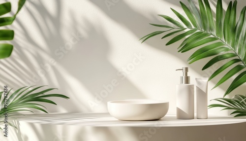 Minimalist bathroom setup with soap dispenser and bowl surrounded by palm leaves