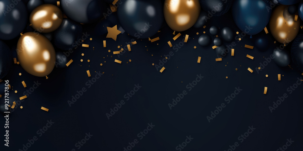 Luxury Blue, Black and Gold Balloon Decoration with Confetti. Festive background. Glamorous and Elegant Party Decor for Birthday, Anniversary, Wedding, Holiday and Celebration Luxury Blue, Black and Gold Balloon Decoration with Confetti. Festive background. Glamorous and Elegant Party Decor for Birthday, Anniversary, Wedding, Holiday and Celebration