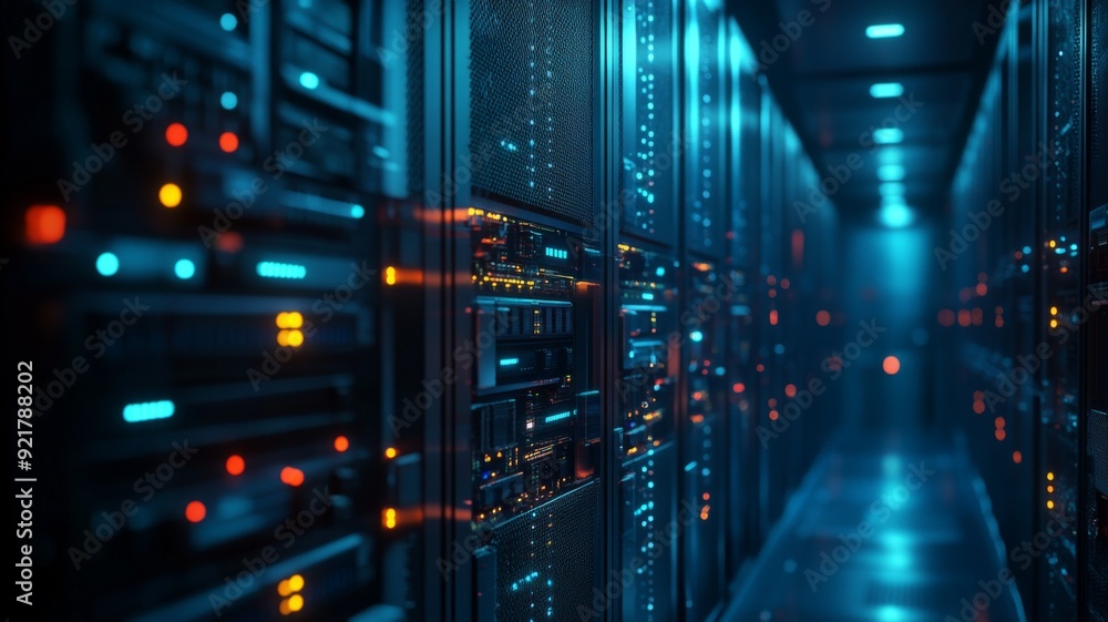 Modern Data Center with Rows of Servers and Glowing Lights in a High-Tech Environment Modern Data Center with Rows of Servers and Glowing Lights in a High-Tech Environment
