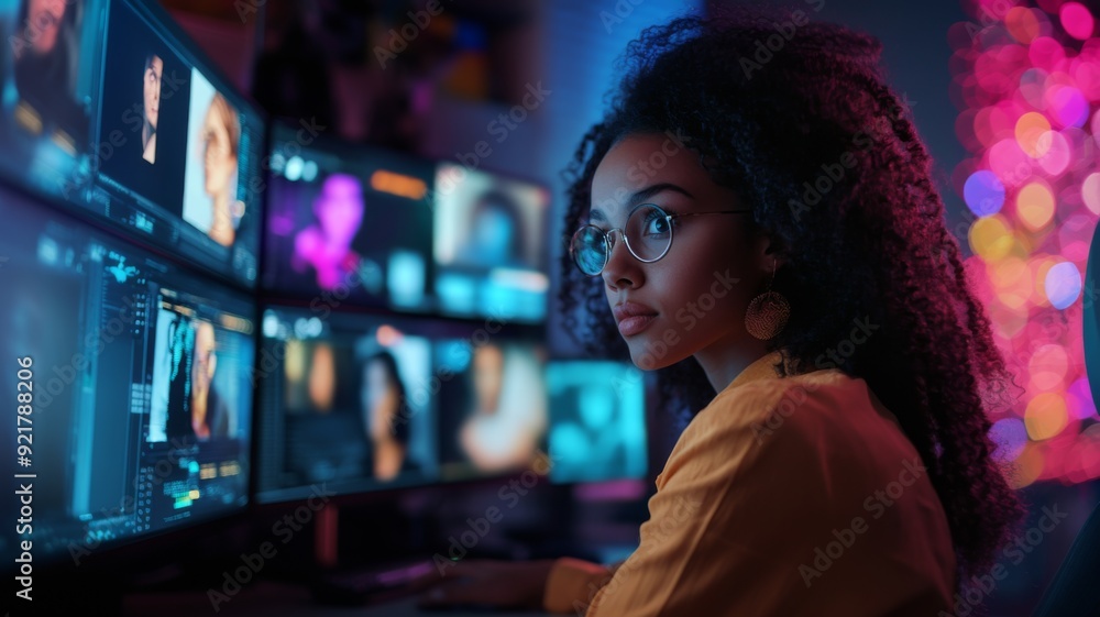 Young Woman Working on Multiple Computer Screens in a Modern Office with Colorful Background Lighting Young Woman Working on Multiple Computer Screens in a Modern Office with Colorful Background Lighting