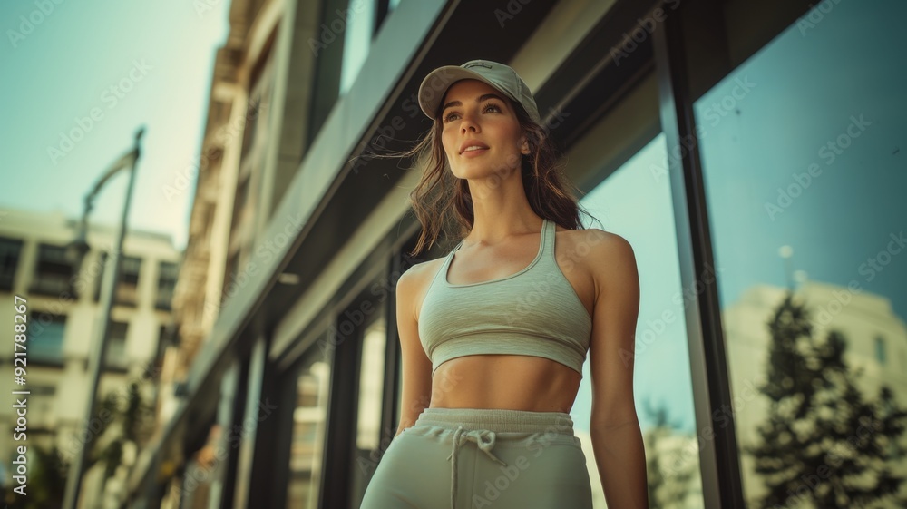 Confident Young Woman in Athletic Wear Standing Outdoors in Urban Setting with Modern Architecture Confident Young Woman in Athletic Wear Standing Outdoors in Urban Setting with Modern Architecture