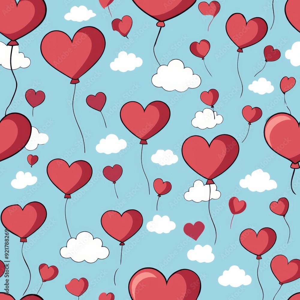 Seamless pattern of heart-shaped balloons floating in the sky