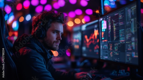 Wallpaper Mural Focused Young Man Working on Multiple Computer Screens in a Modern Tech Environment with Colorful Lights Torontodigital.ca