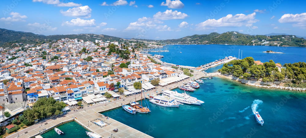 Naklejka premium Aerial summer view of the old and new port of Skiathos town, Sporades idlands, Greece