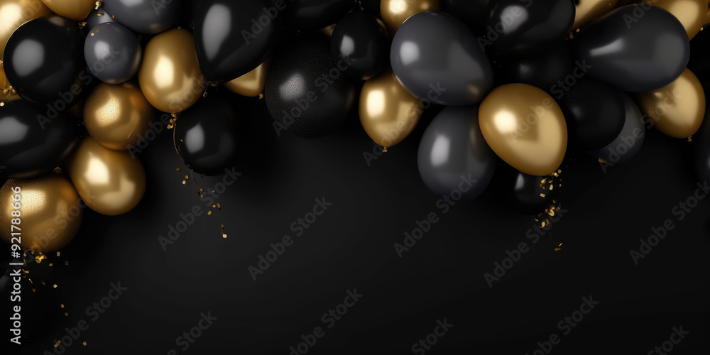 Black, Gold and Silver Balloons and Golden Confettie on a Black Background - design party banner. Luxury Festive Backdrop Black, Gold and Silver Balloons and Golden Confettie on a Black Background - design party banner. Luxury Festive Backdrop