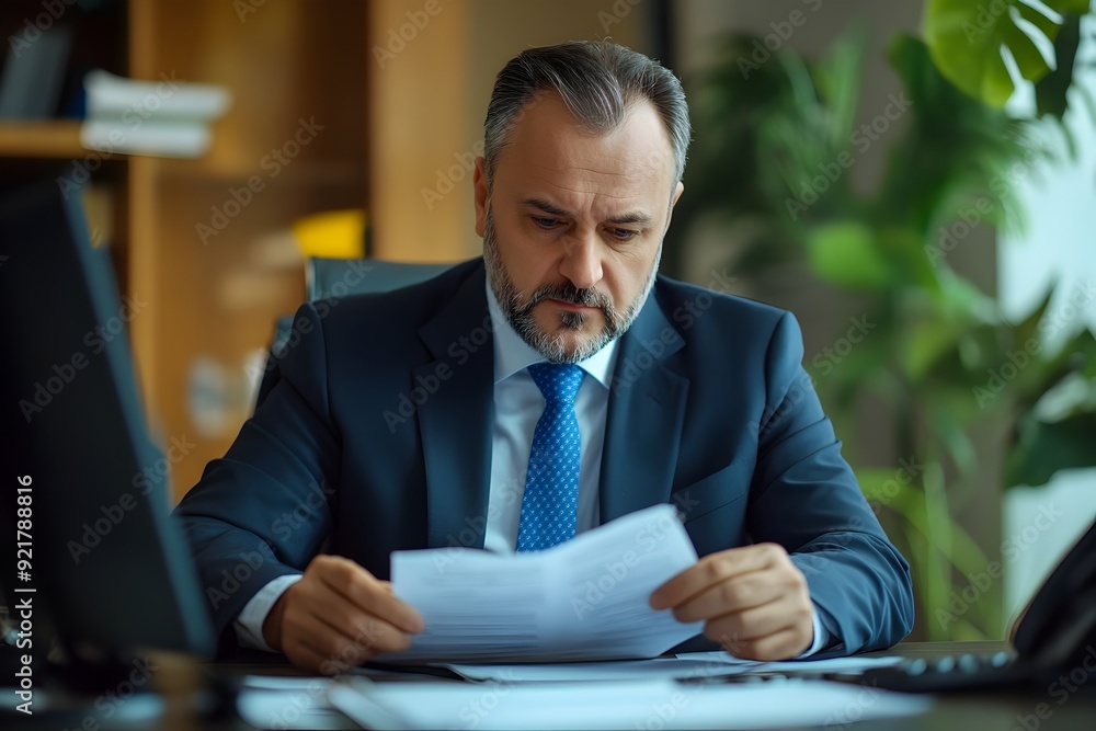 Fototapeta premium Diligent Middle Aged Professional Businessman Wearing Suit Working at Desk in Office