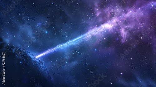 Fototapeta Naklejka Na Ścianę i Meble -  A bright blue comet streaks through a dark blue and purple space with white stars and a nebulae in the background.