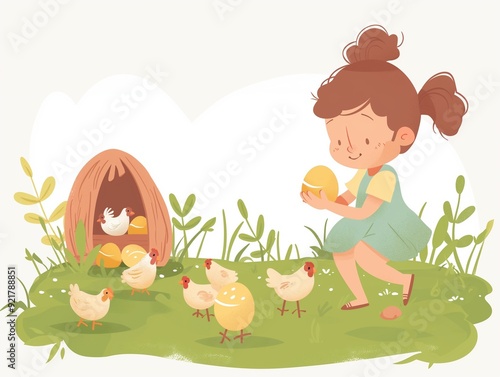 Child picking chicken eggs illustration. AI generated