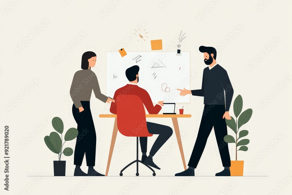 Diverse Team Brainstorming on Whiteboard - Minimalist Creativity Flat Illustration Diverse Team Brainstorming on Whiteboard - Minimalist Creativity Flat Illustration