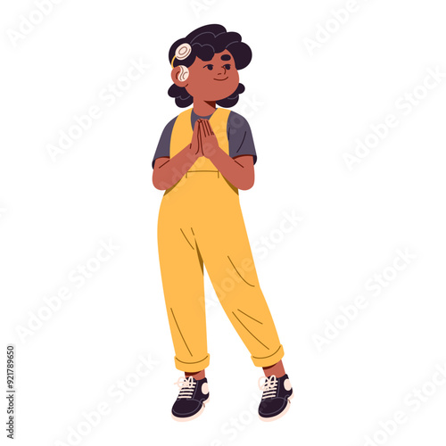 Cute disabled kid with gear. Happy child with hearing aid pray with folded hands. Little black girl with deaf, health disorder, impaired ears. Flat isolated vector illustration on white background