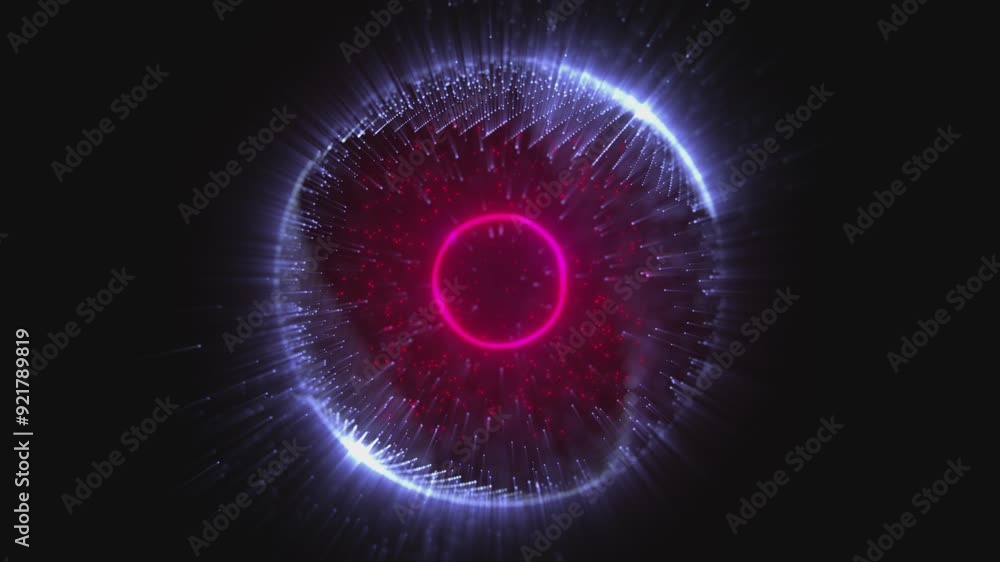 Abstract looped dynamic blue energy sphere with magical glowing particles and waves and a pink ring in the center, on black, 4K video Abstract looped dynamic blue energy sphere with magical glowing particles and waves and a pink ring in the center, on black, 4K video