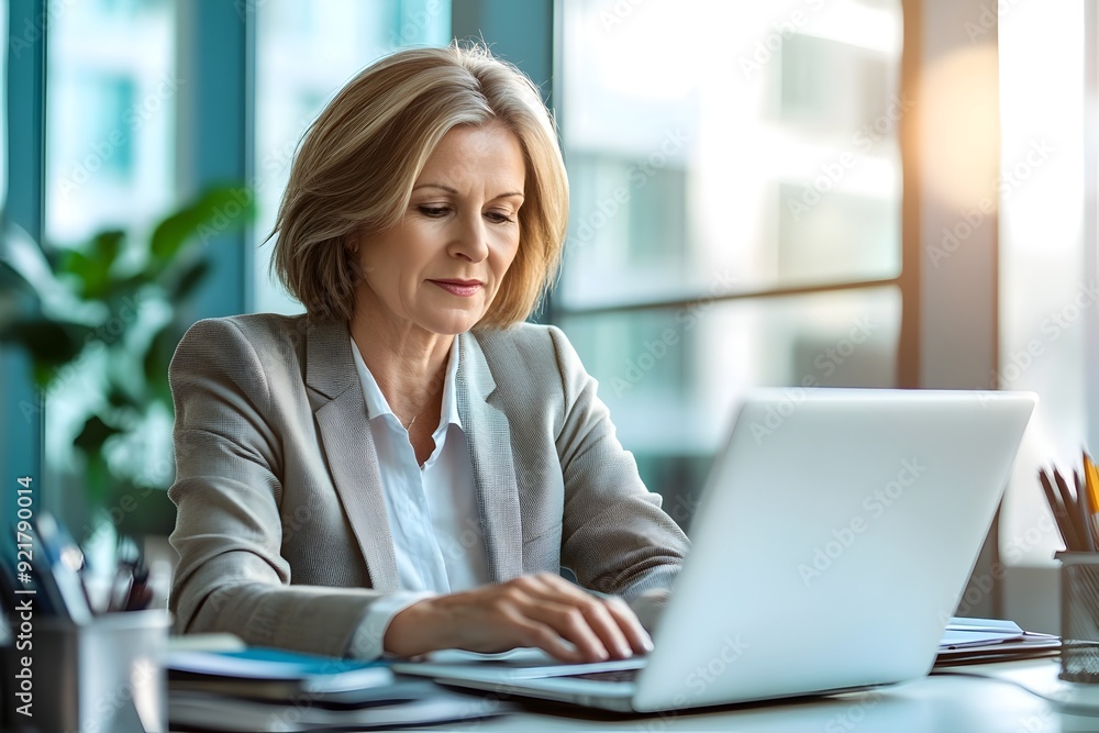 Mature Senior Business Woman Working Intently on Laptop in Office Mature Senior Business Woman Working Intently on Laptop in Office