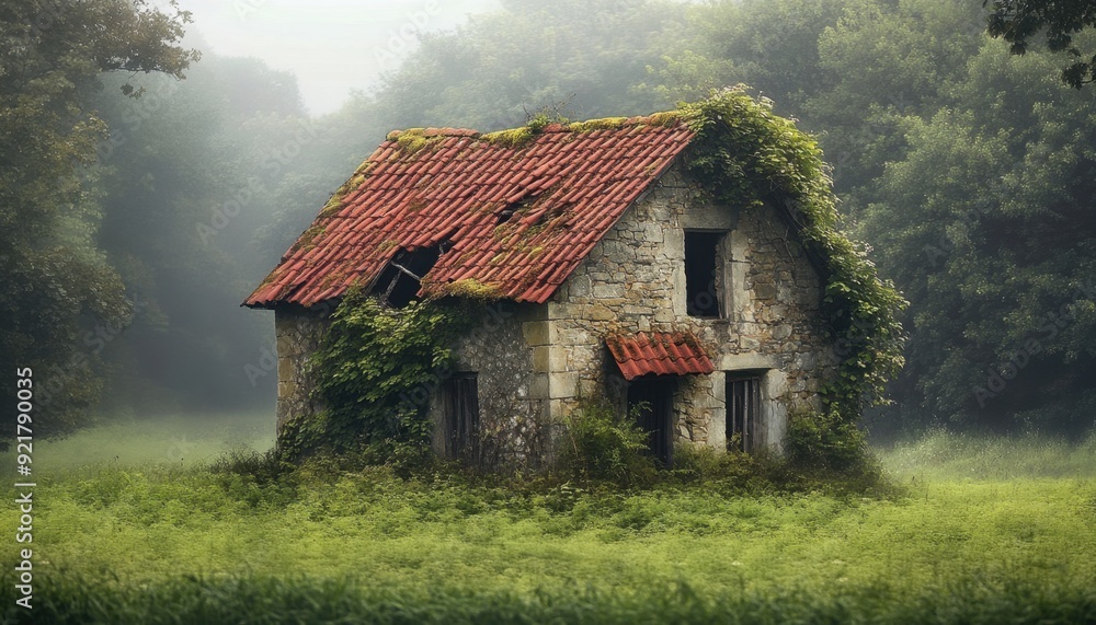 Abandoned stone house overgrown with vines in a misty forest at dawn Abandoned stone house overgrown with vines in a misty forest at dawn