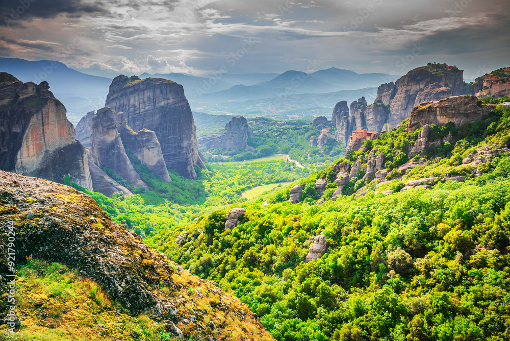 Meteora, Greece. Monastery of Roussanou in historical Thessaly, famous sandstone rock formations, world Greek heritage.