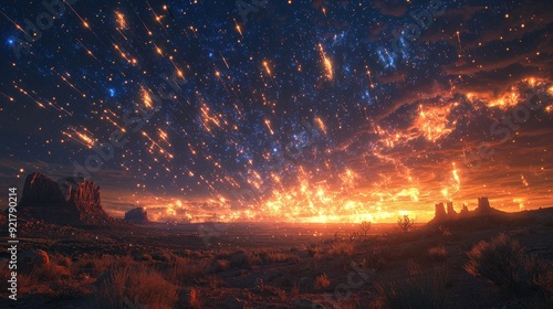 Desert Landscape with Shooting Stars at Sunset.