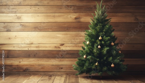 Christmas tree decorated with ornaments in a rustic wooden room during the holiday season