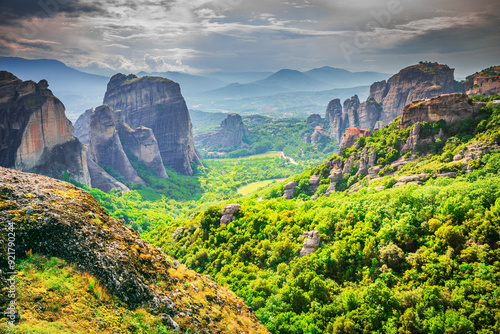 Obraz na płótnie Meteora, Greece. Monastery of Roussanou in historical Thessaly, famous sandstone rock formations, world Greek heritage. w salonie