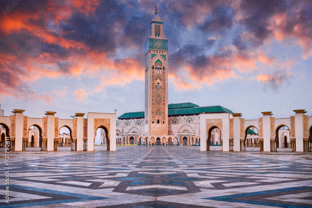 Casablanca, Morocco. Front view of the Hassan II mosque and the highest minaret in the world, Arabian style